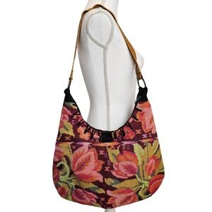 Altiplano Tapestry Floral Hobo Bag Shoulder Purse Pink Orange Leather Strap